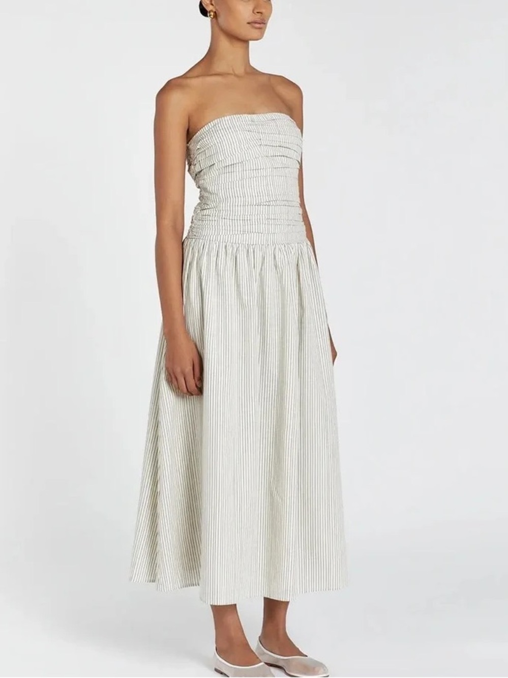 DISSH Striped Strapless Midi Dress in Cream and Green